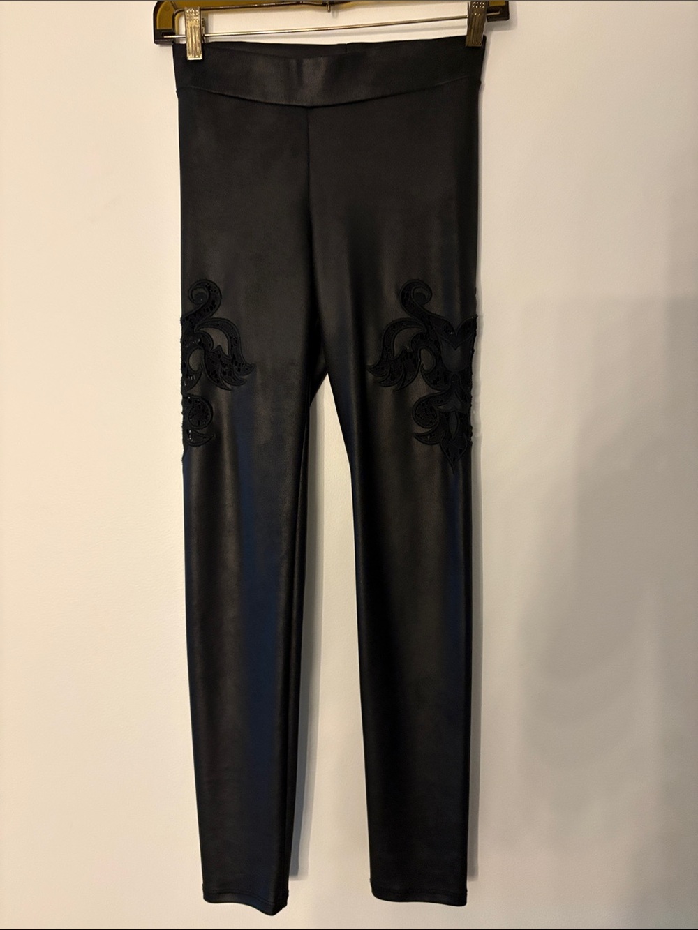 bebe Black Faux Leather Leggings with Embroidered Detail